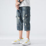 Men's Loose Elastic Waist Printed Cropped Jeans