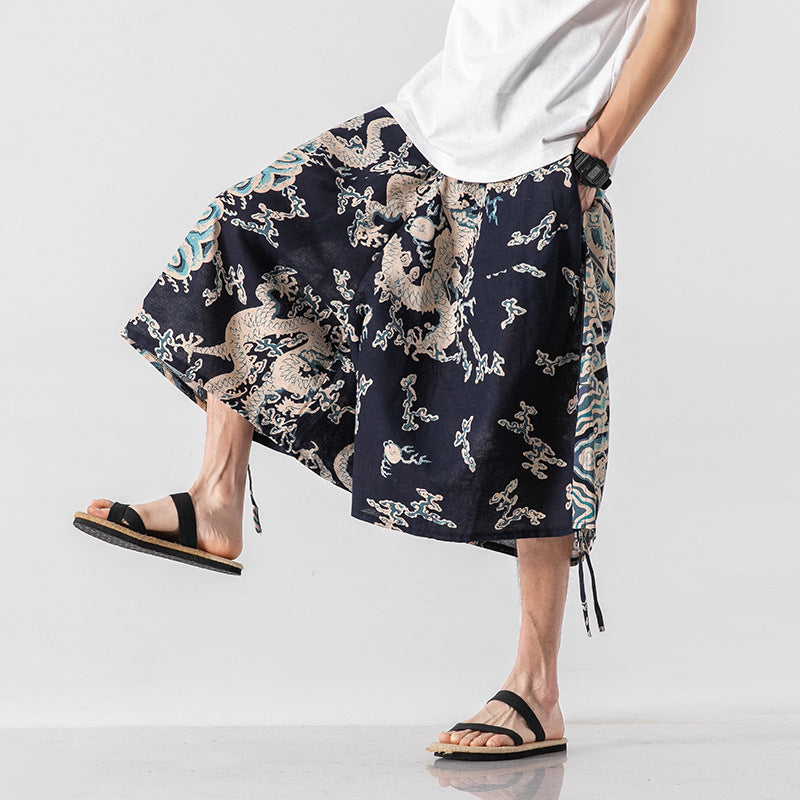 Men's Loose-fitting Chinese Style Elephant Flower Cropped Large Trunks Radish Beach Flower Pants