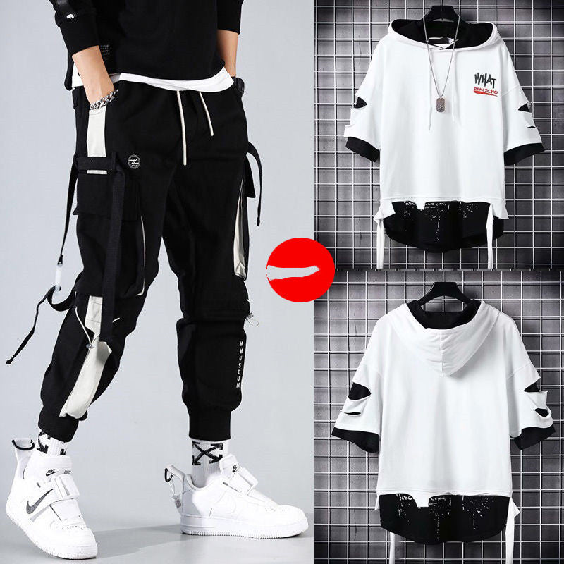 Two-piece Summer Men's Loose Hip-hop Overalls With Hood