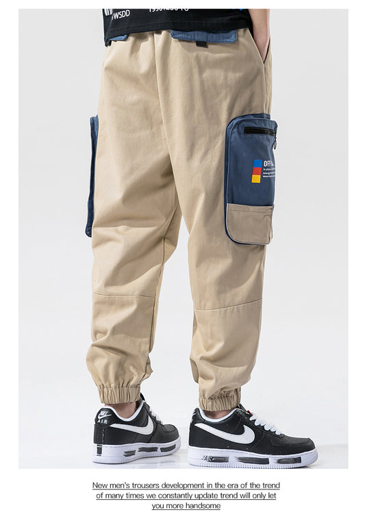 Loose Color-Blocked Printed Cargo Pants With Large Pockets