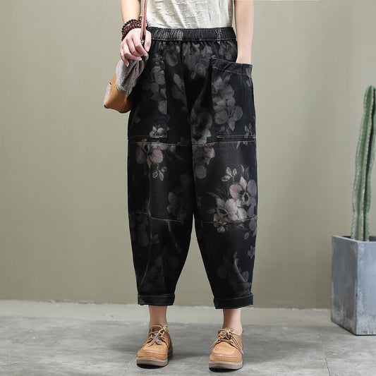 Loose all-match printed washed cotton jeans