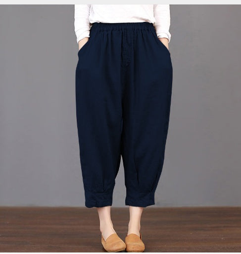 Spring and summer new literary fan women's casual solid color cotton and linen elastic waist wild women's trousers was thin Harlan