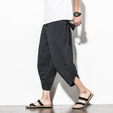 Men's Casual Plain Linen Cropped Trousers With Vertical Stripes