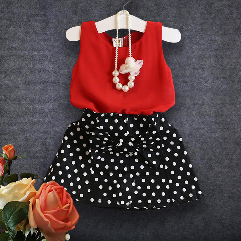 new summer girls temperament dot chiffon suit chiffon vest top + polka dot skirt without necklace