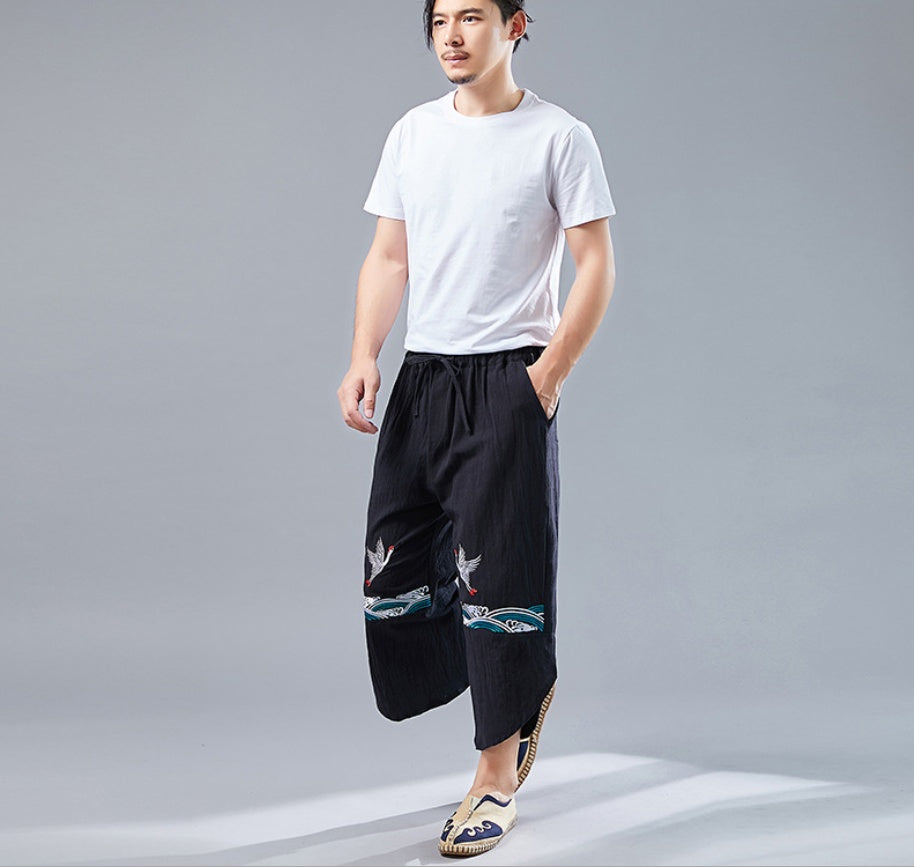 Chinese style retro double crane pants men's literary personality pants male