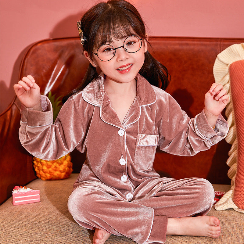 Children's Gold Velvet Solid Color Pajamas Set