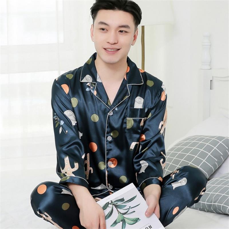 Men's Thin Silk Pajamas Long Sleeve Suit