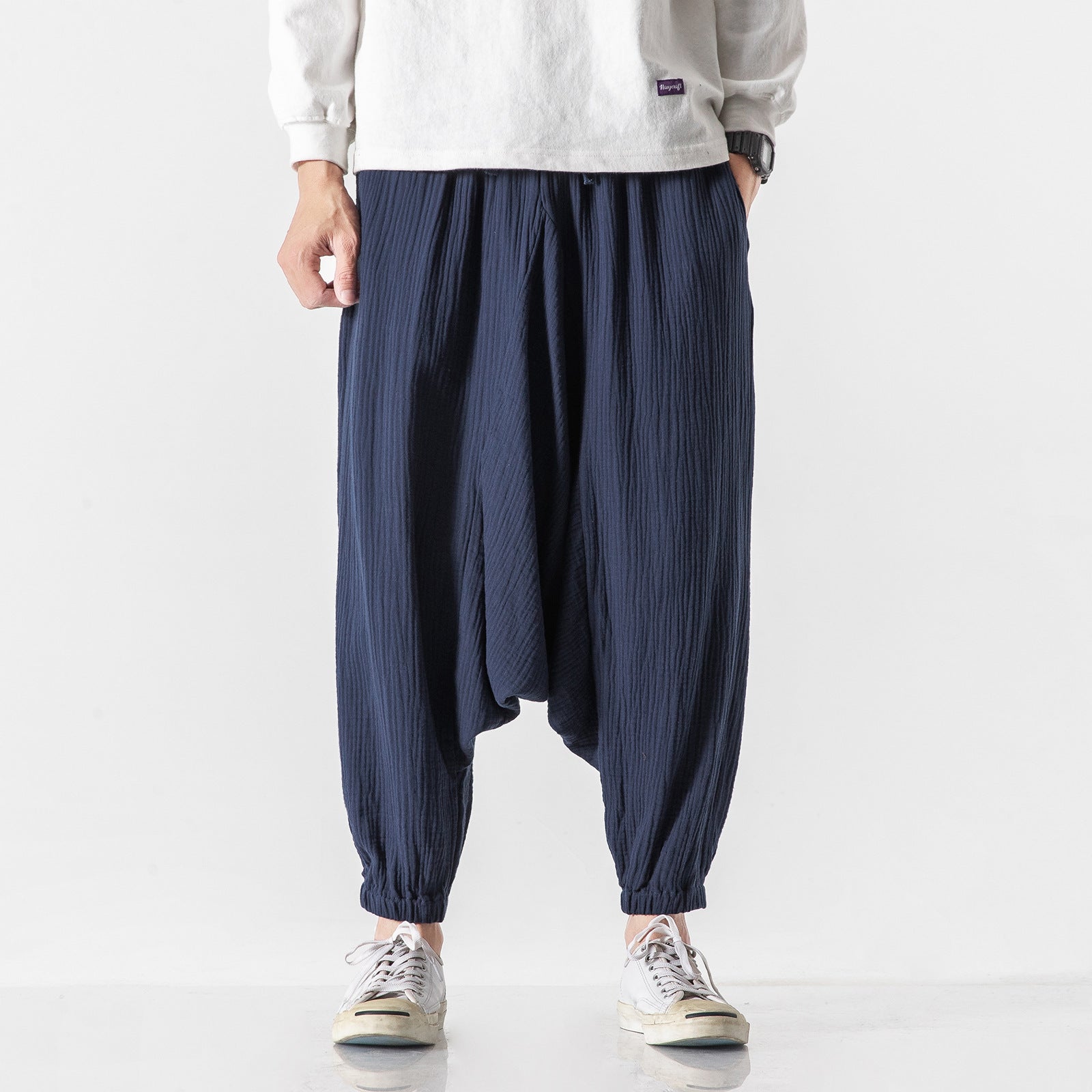 Chinese Style Men's Cotton And Linen Harlan Cropped Trousers