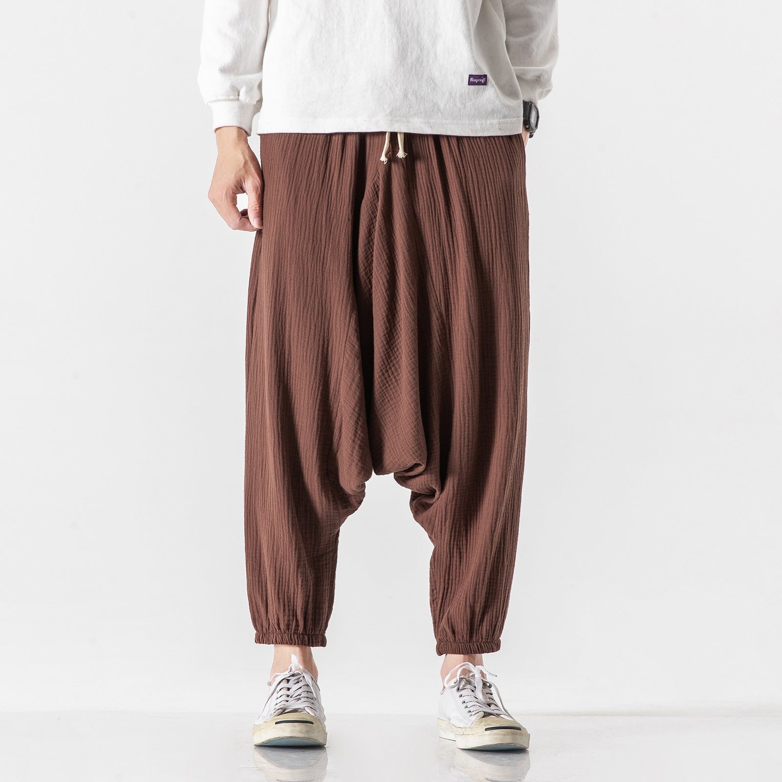 Chinese Style Men's Cotton And Linen Harlan Cropped Trousers