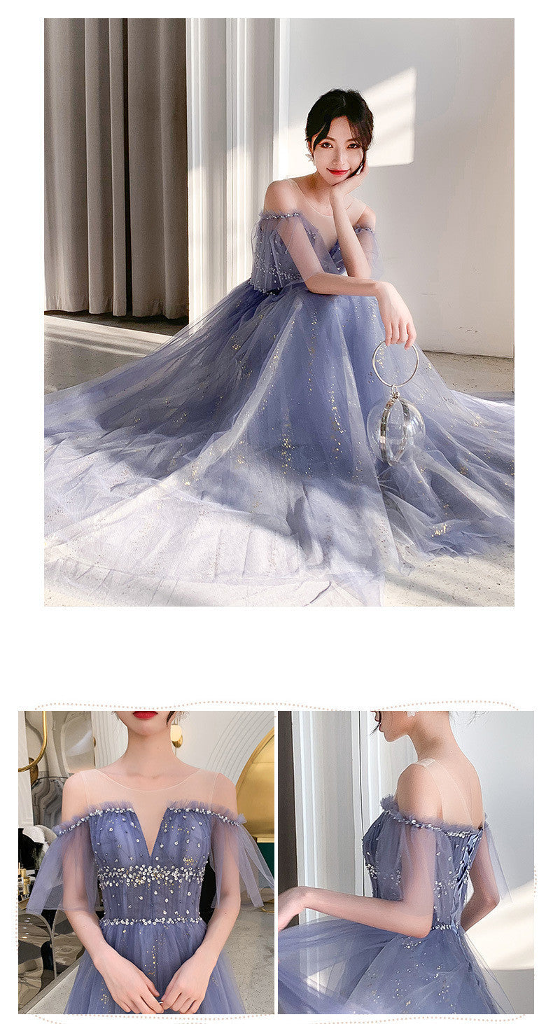 One-Shoulder Noble Temperament Starry Sky Birthday Bride Toast Dress Long