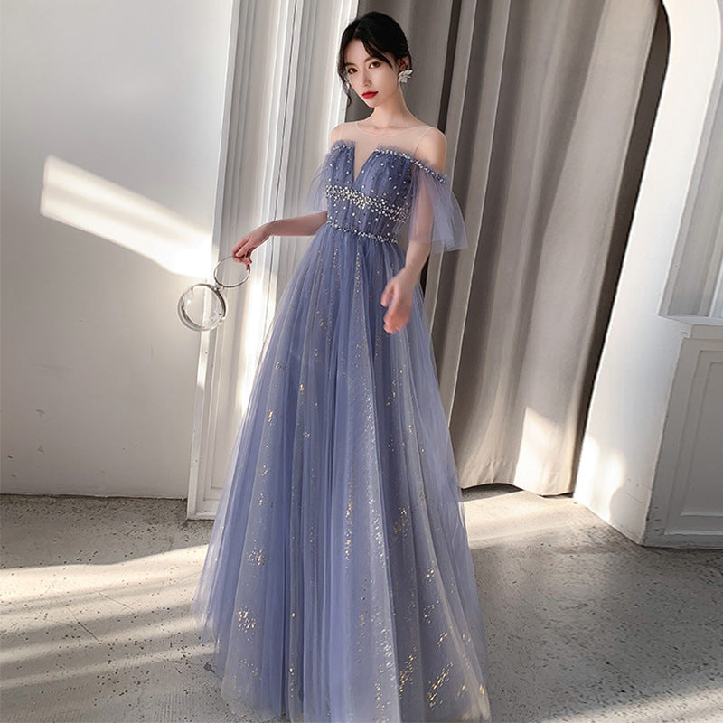 One-Shoulder Noble Temperament Starry Sky Birthday Bride Toast Dress Long