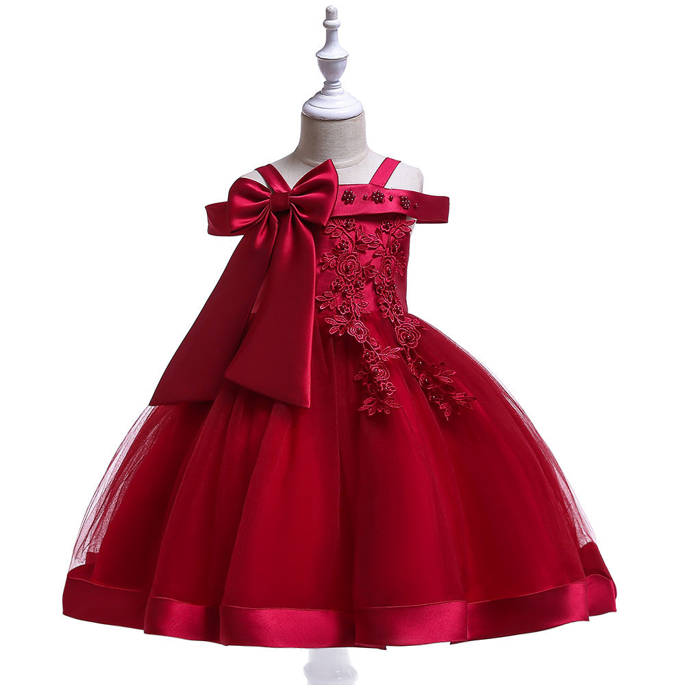 One Shoulder Strap Dress Girls Bow Princess Dress