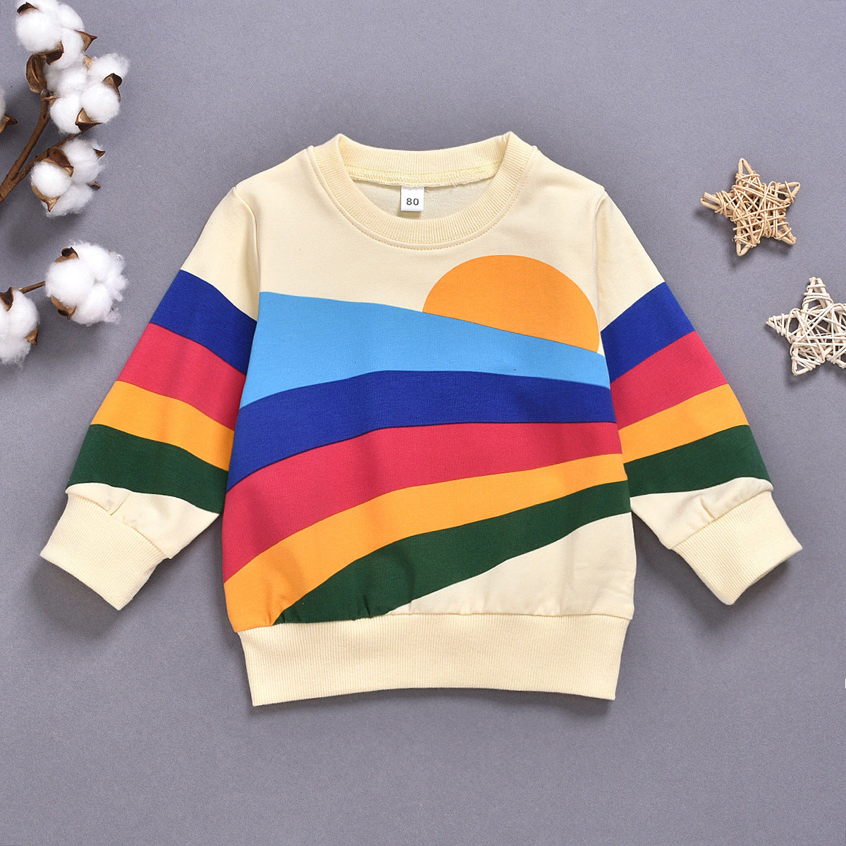 Western Style Rainbow Print Long Sleeved Round Neck Children's Clothing For Boys And Girls