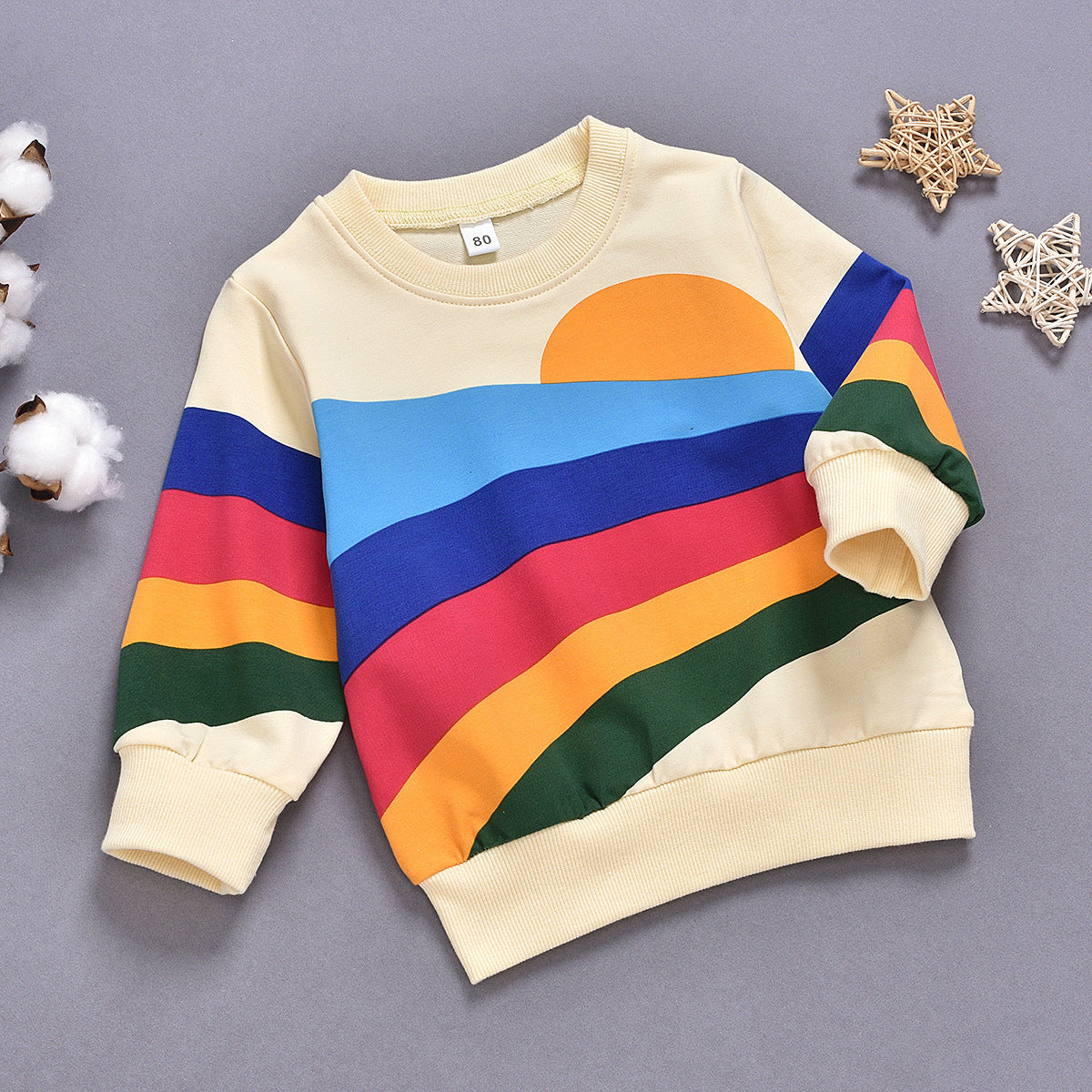 Western Style Rainbow Print Long Sleeved Round Neck Children's Clothing For Boys And Girls