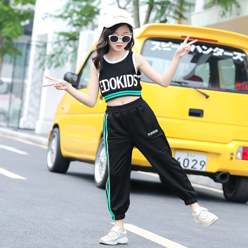 Girls Big Kids Summer Suit New Girl Western Style Navel Blouse Vest Two-piece Sports and Leisure