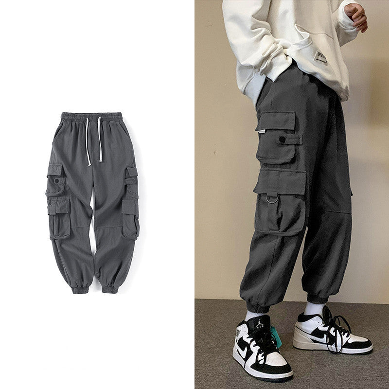 Early Spring Men's Casual Pants Hong Kong Ctyle Loose Big Pocket Tooling Straight Leg Pants Korean Style Trend Wild Handsome Leggings