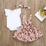 Girls' Cotton White Flying Sleeve Short-sleeved Romper Flower Suspenders Skirt Head Knot