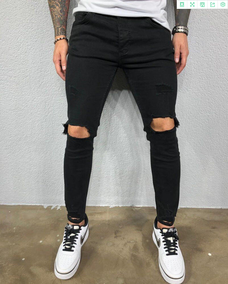 Men Jeans Black Blue Cool Skinny Knee Hole Ripped Stretch Slim Elastic Denim Pants Solid Color High Street Style Trousers Man