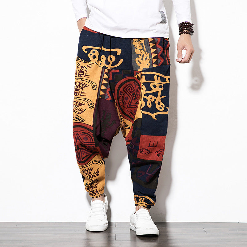 Foreign Trade Amazon 20 Spring And Summer Chinese Style Cotton And Linen Casual Pants Male Printing Long Pants Tide Large Size Loose Hip-Hop Pants