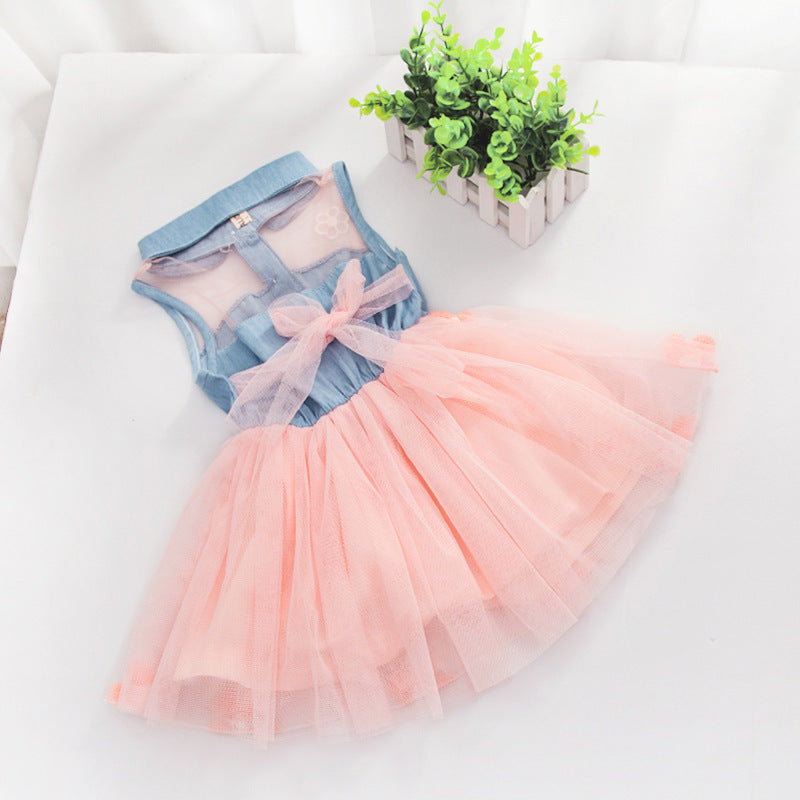 Girls' Dresses, Summer Children'S Korean Denim Skirts, Pure Color Flower Mesh Skirts, Baby Princess Puffy Skirts