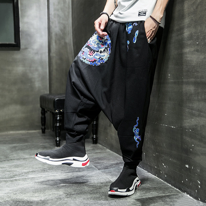 Autumn Country ChaoLong Embroidery Casual Pants Loose Plus Fat Plus Size Straight Tube Low Crotch Span Pants