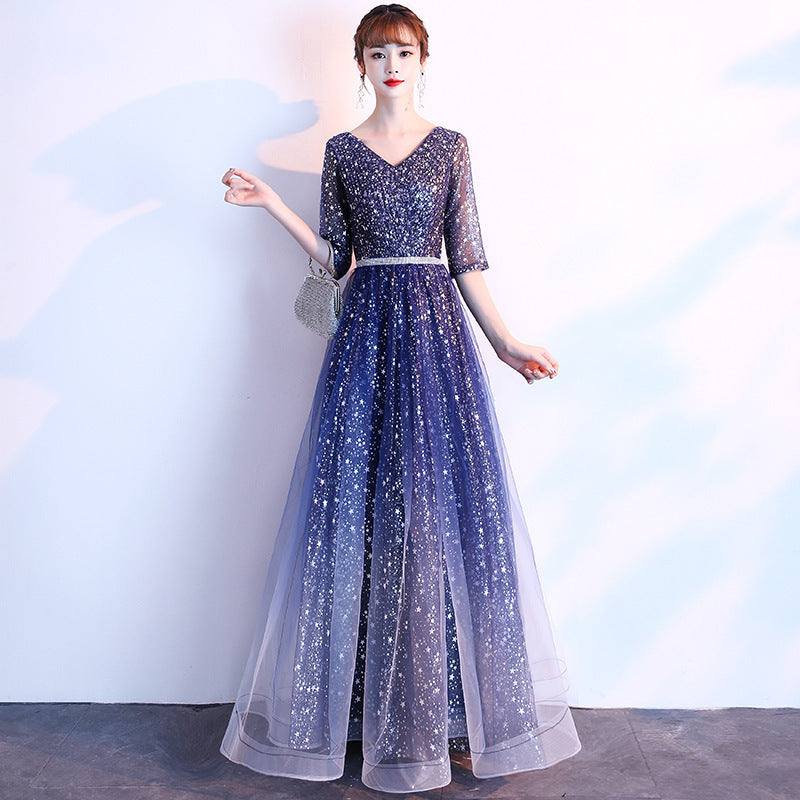 Starry Sky Evening Dress Female Summer New Temperament Long Model Host Banquet Anniversary Chorus Performance Dress