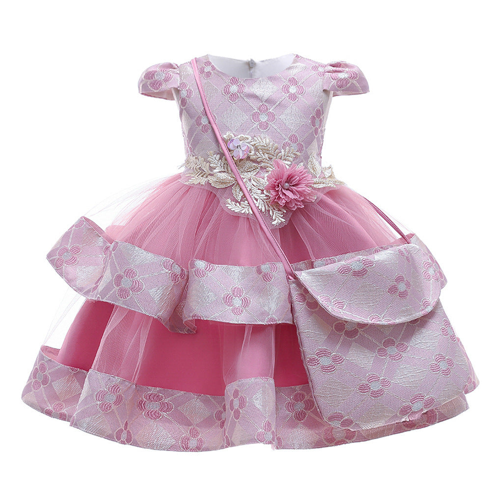 Girls Dress Embroidered Princess Dress Wedding Multi-layer Puffy Dress Costume With Bag