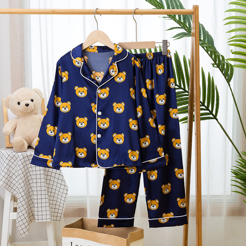 Spring And Autumn Children's Pajamas Silk Boy Girl Child Baby Long-Sleeved Short Suit Ice Silk Baby Air-Conditioned Home Service