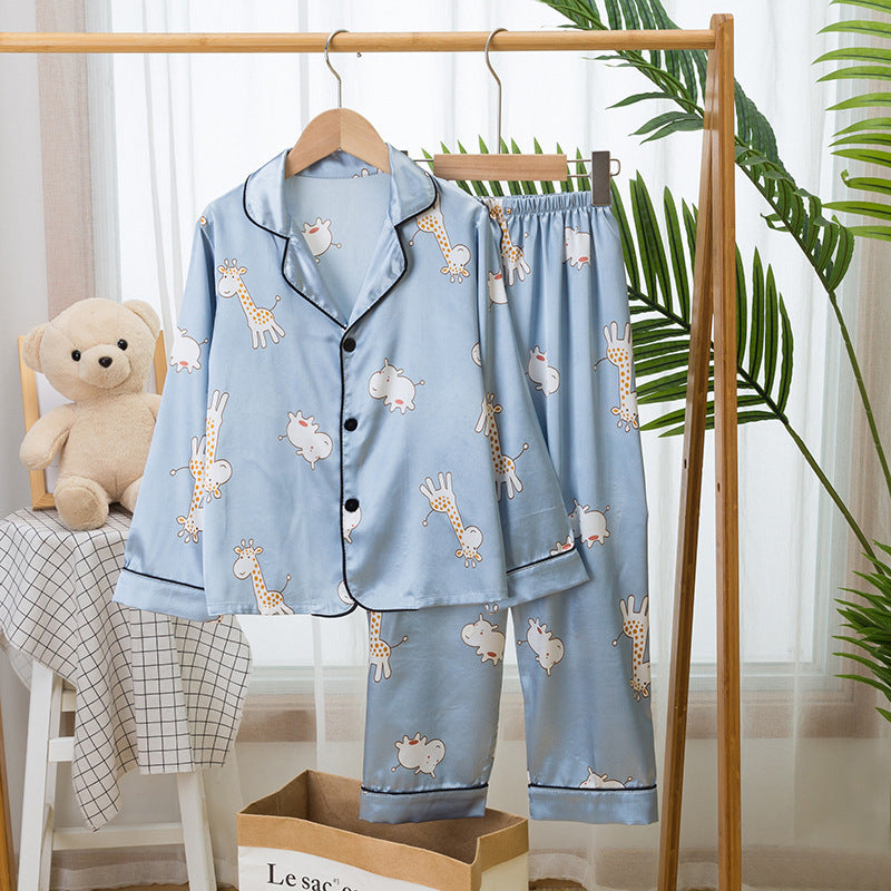 Spring And Autumn Children's Pajamas Silk Boy Girl Child Baby Long-Sleeved Short Suit Ice Silk Baby Air-Conditioned Home Service