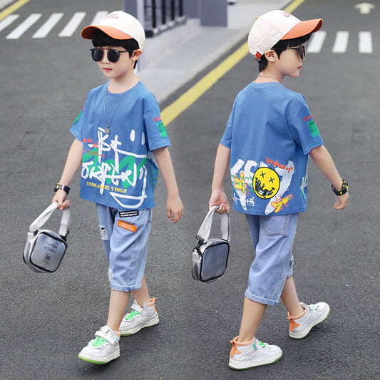 Short-sleeved T-shirt Boy Western Style Two-piece Suit, Big Boy Trend