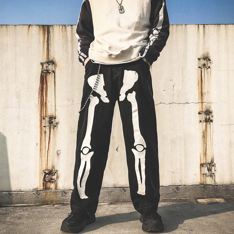 Bone Luminous Printing Loose Straight Wash Denim Trousers