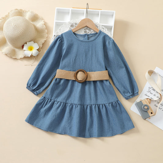 Long Sleeve Denim Princess Dress With Belt