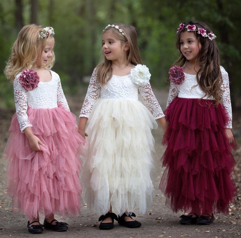 Autumn And Winter Explosions Hollow Children's Skirt Lace Long-sleeved Girls White Princess Dress Irregular Dress