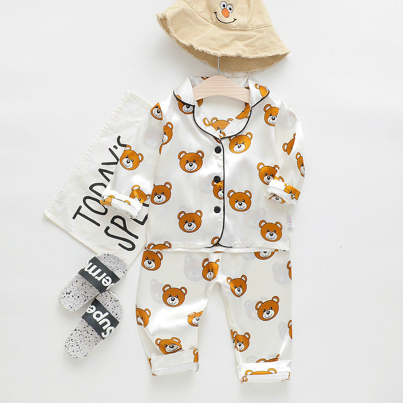 Long sleeve ice silk bear pajamas set for boys and girls