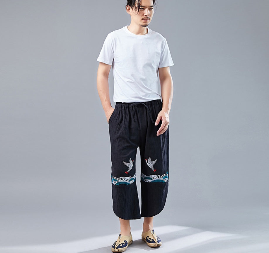 Chinese style retro double crane pants men's literary personality pants male