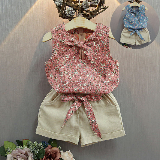 Sleeveless Bow Vest Plus Shorts Set