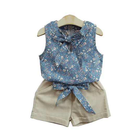 Sleeveless Bow Vest Plus Shorts Set