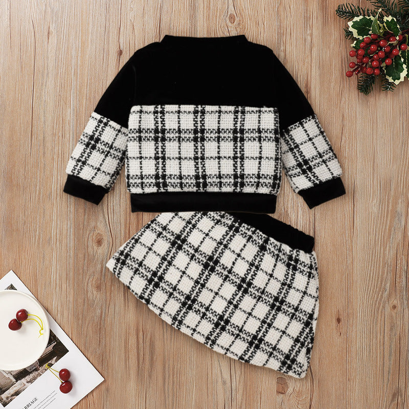 Black Plaid Print Baby Girl Suit Skirt