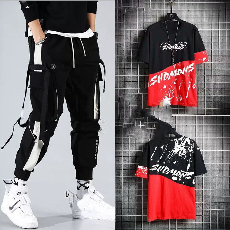 Two-piece Summer Men's Loose Hip-hop Overalls With Hood