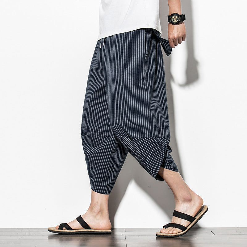 Men's Casual Plain Linen Cropped Trousers With Vertical Stripes