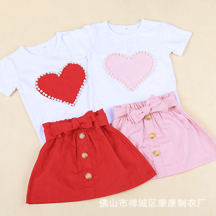 European And American Summer Children's Clothing New Girl Pearl Love White Short Sleeve + bow Skirt Baby Skirt Set