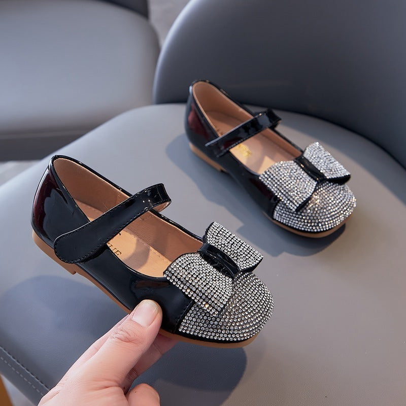 Rhinestone Bowknot Patent Leather Flat Little Girls Scoop Shoes Single Shoes