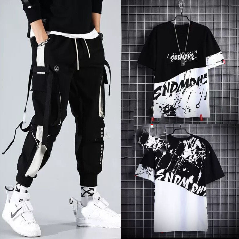 Two-piece Summer Men's Loose Hip-hop Overalls With Hood