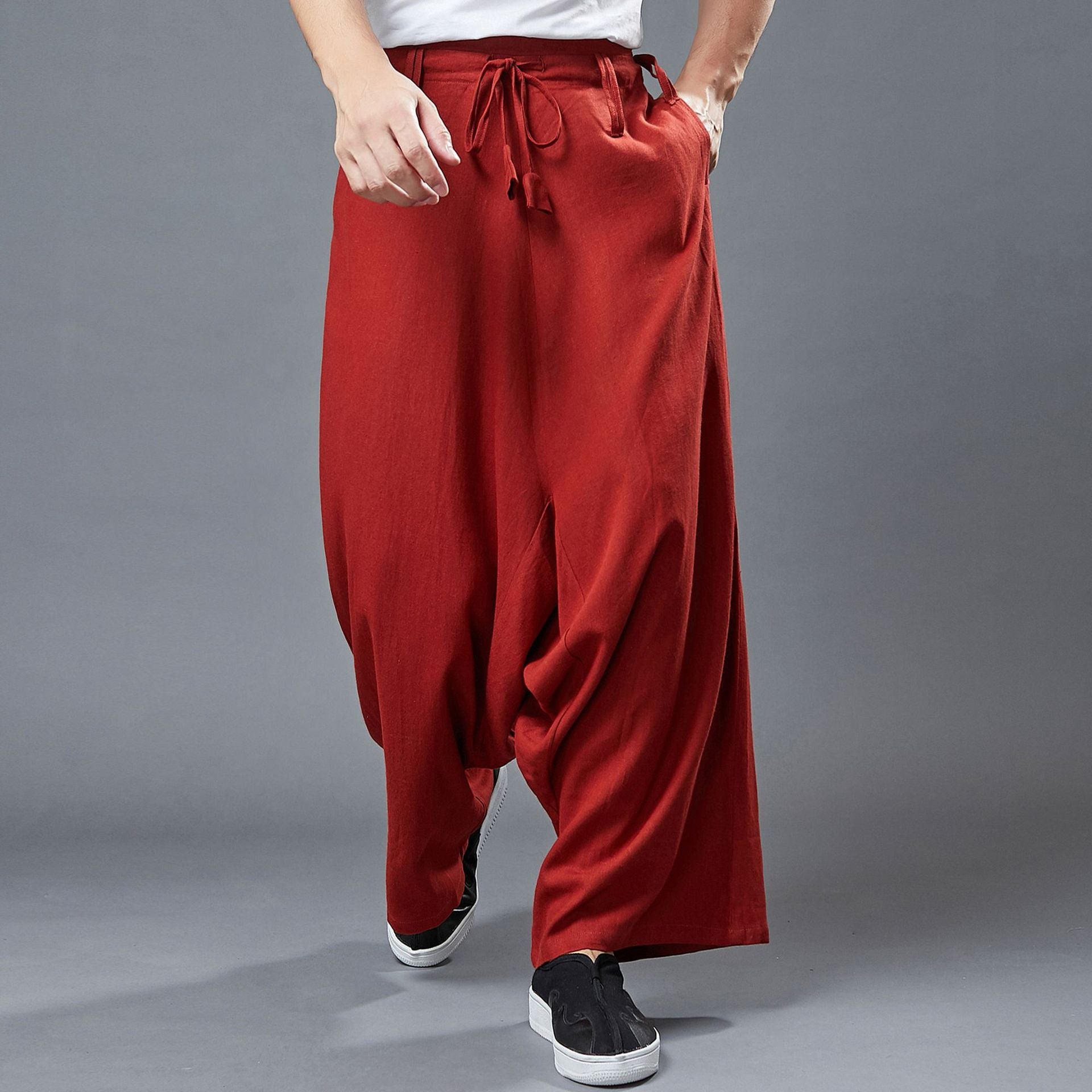 Men's Linen Casual Pants Wide Leg Crotch Pants