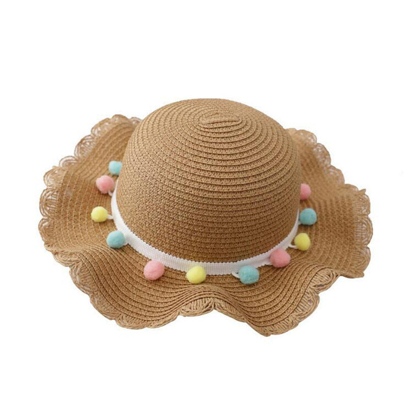 Small Ball Solid Color Children Straw Hat Bag Set