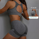 2pcs Sports Fitness Yoga Suit Breathable Hip-lifting Shorts And Hollow Out Back Bra Womens Clothing - AL MONI EXPRESS