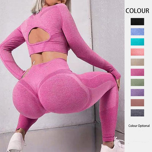 2pcs Sports Suits Long Sleeve Hollow Design Tops And Butt Lifting High Waist Seamless Fitness Leggings Sports Gym Sportswear Outfits Clothing - AL MONI EXPRESS