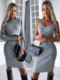 2pcs Suit Women's Solid Stripe Long-sleeved Top And Tight Suspender Skirt Fashion Autumn Winter Slim Clothing - AL MONI EXPRESS