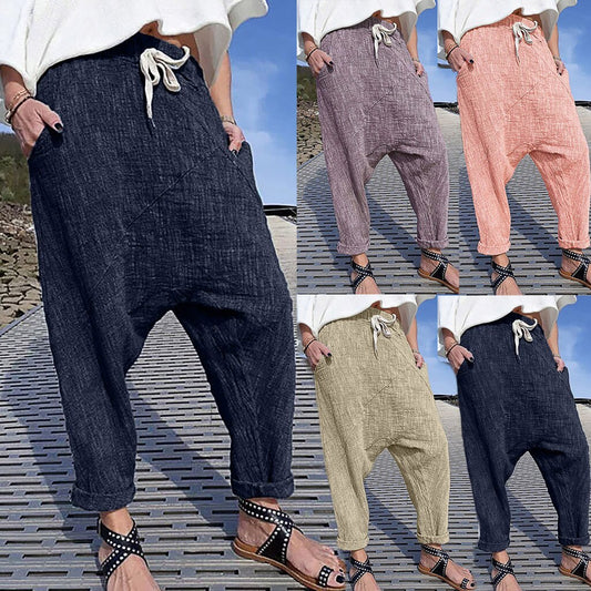 Women's Plus Size Pocket Cotton And Linen Wide-Leg Pants