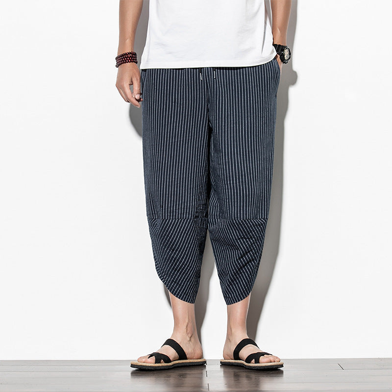 Men's Casual Plain Linen Cropped Trousers With Vertical Stripes